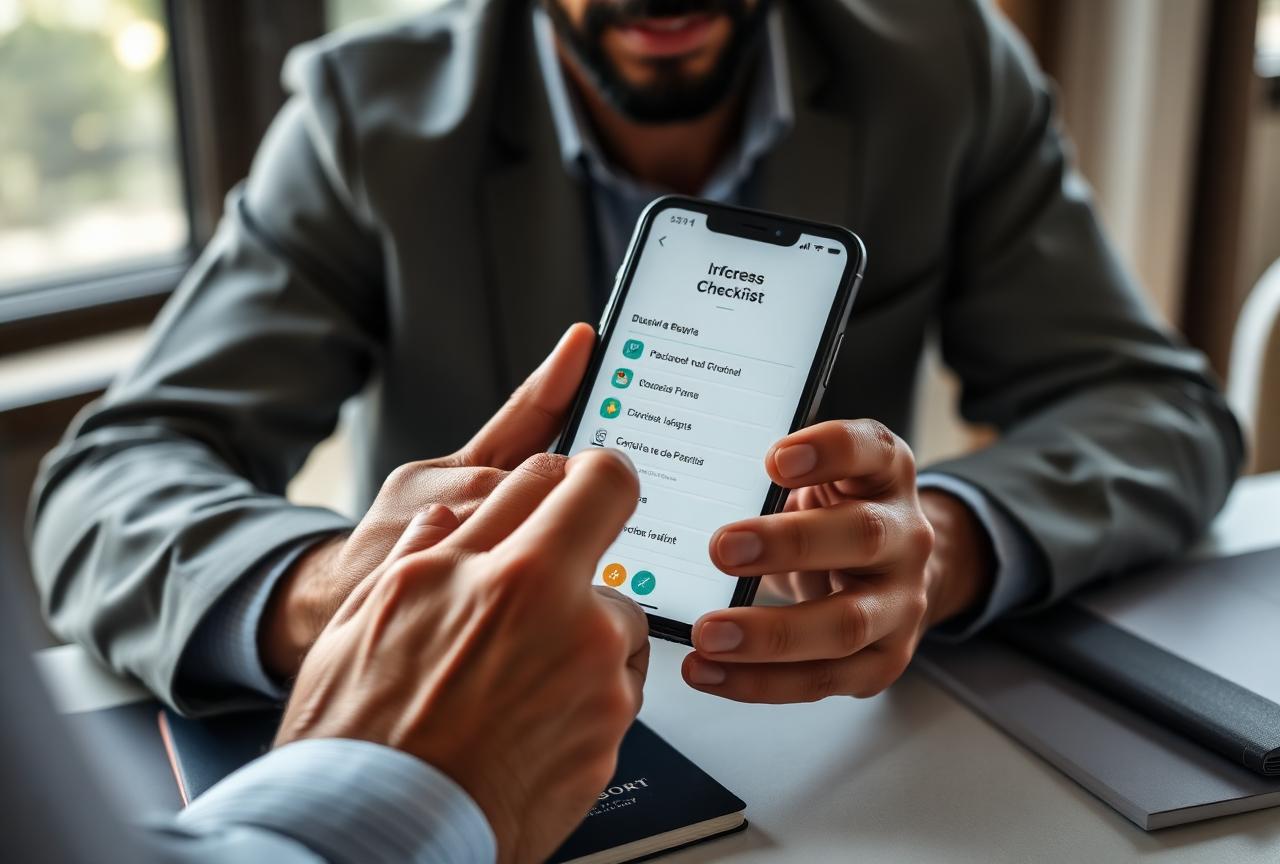 Pessoa segurando o celular com o checklist do Migra Certo aberto