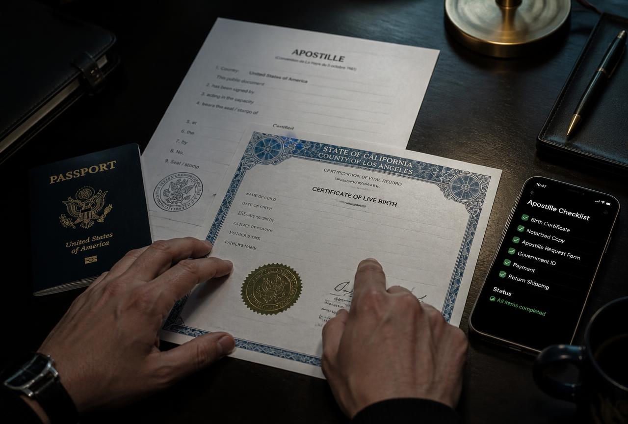 Documentos oficiais, passaporte e apostila organizados ao lado de um celular com checklist